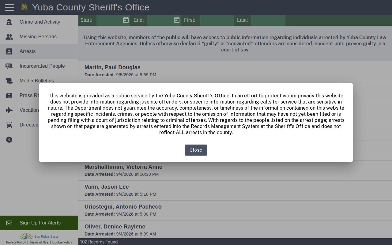 Yuba County Citizen RIMS same-day arrest search controls