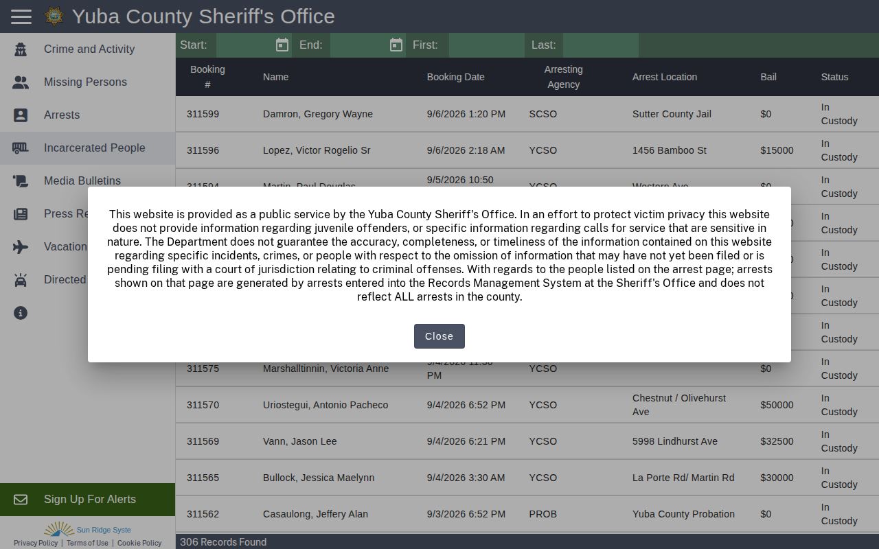 Yuba County Citizen RIMS incarcerated people search