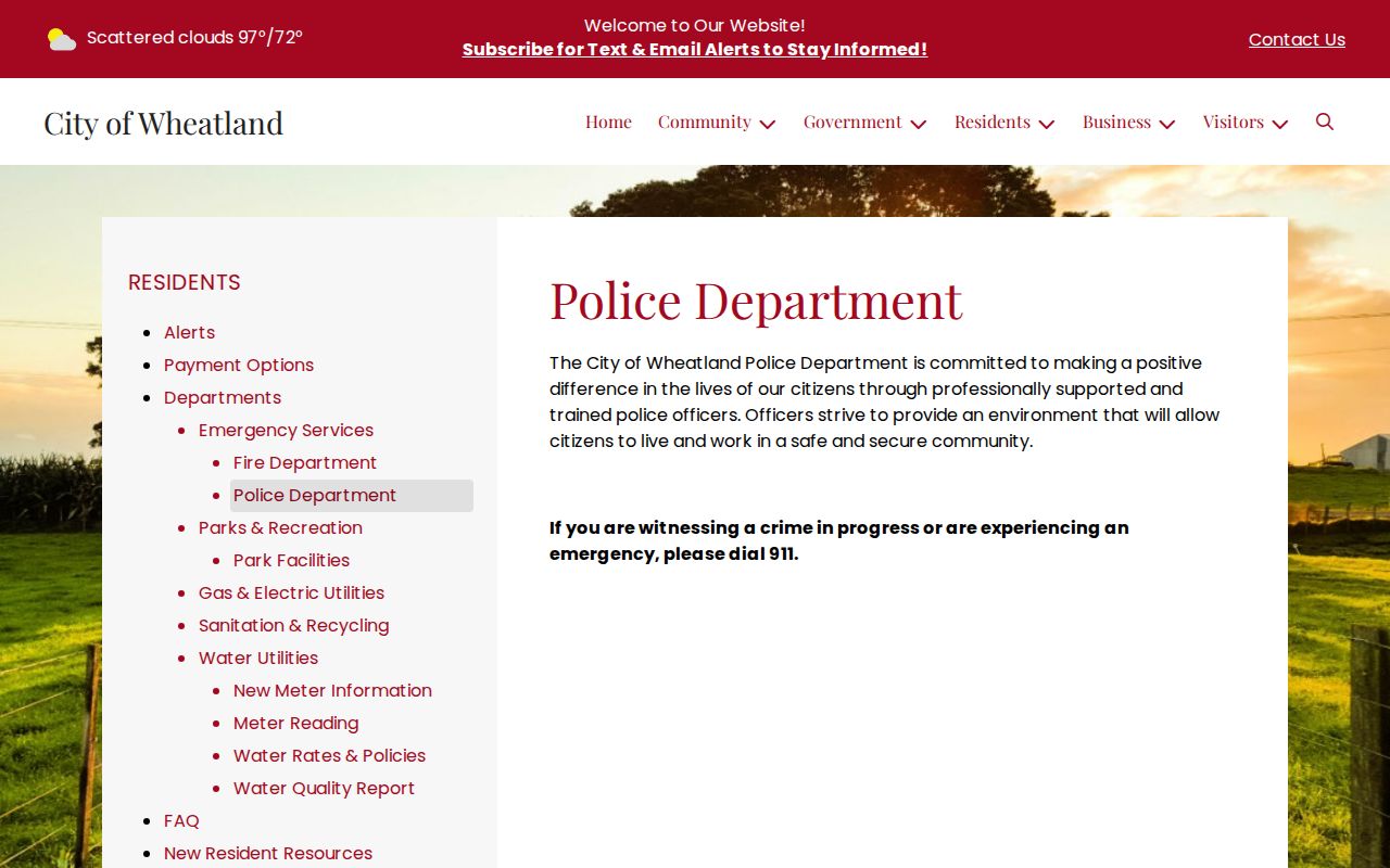 Wheatland Police Department official page for arrest record contacts