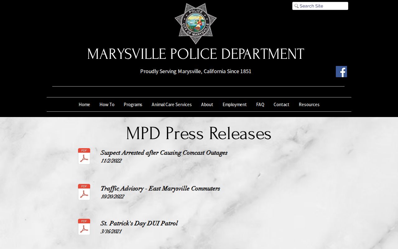 Marysville Police Department press releases related to arrest records