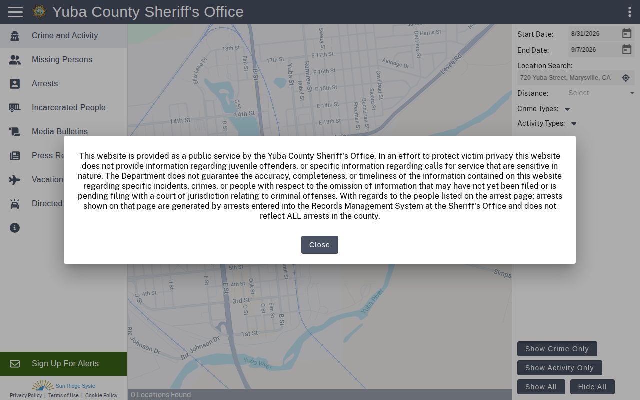 Yuba County Citizen RIMS public safety portal