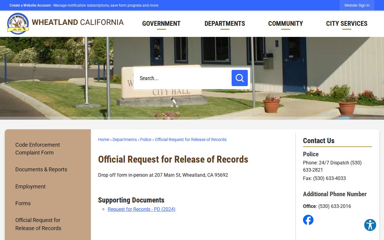 Wheatland official records request page for police and arrest records