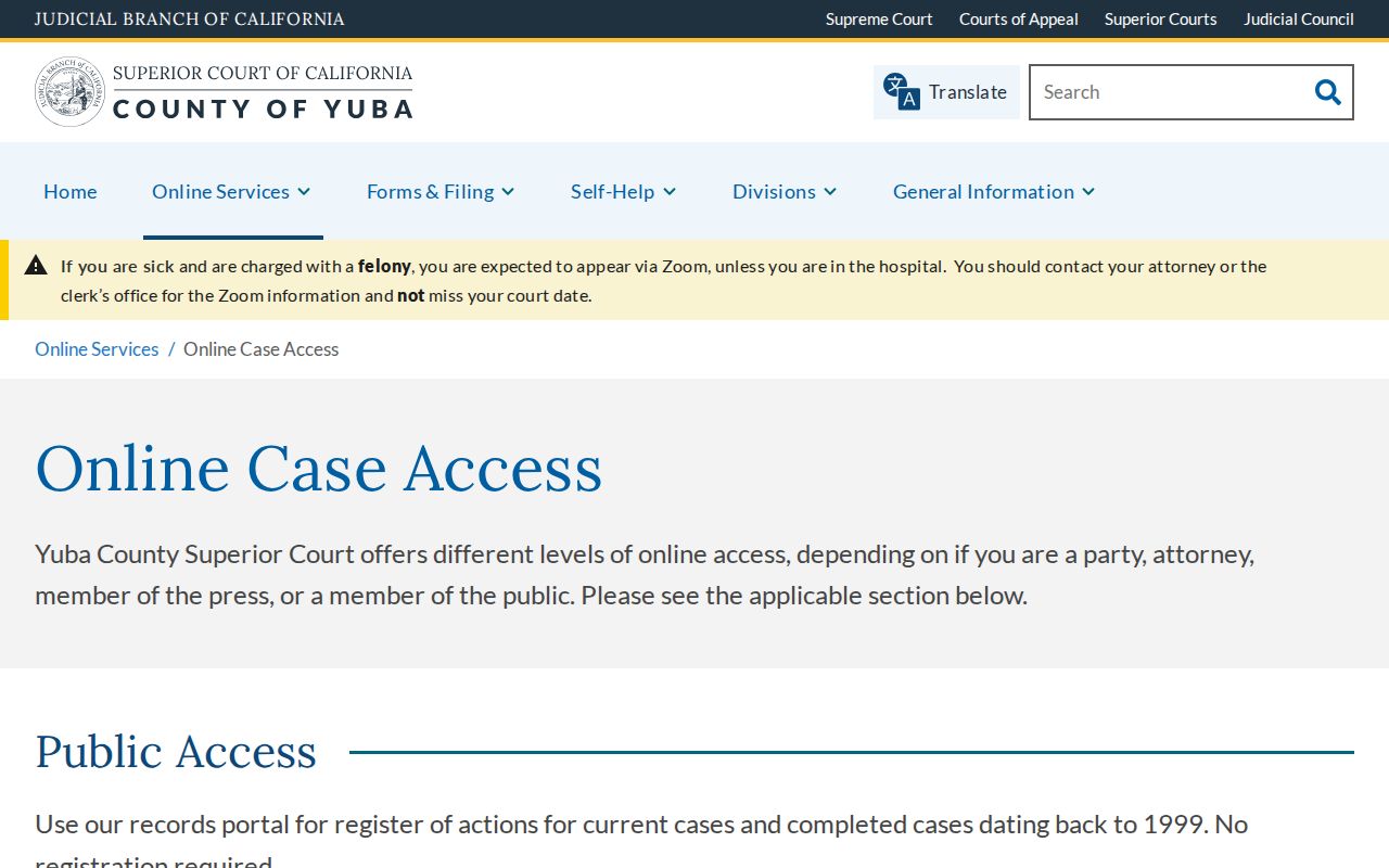 Yuba County Superior Court online case access